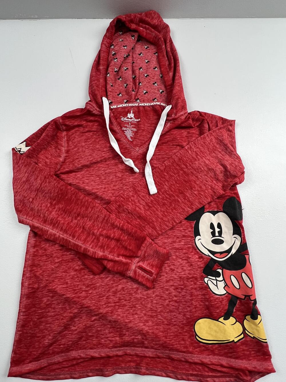 Disney Parks Shirt Womens L Red V Neck Long Sleeve Hooded Mickey Mouse Tunic Top